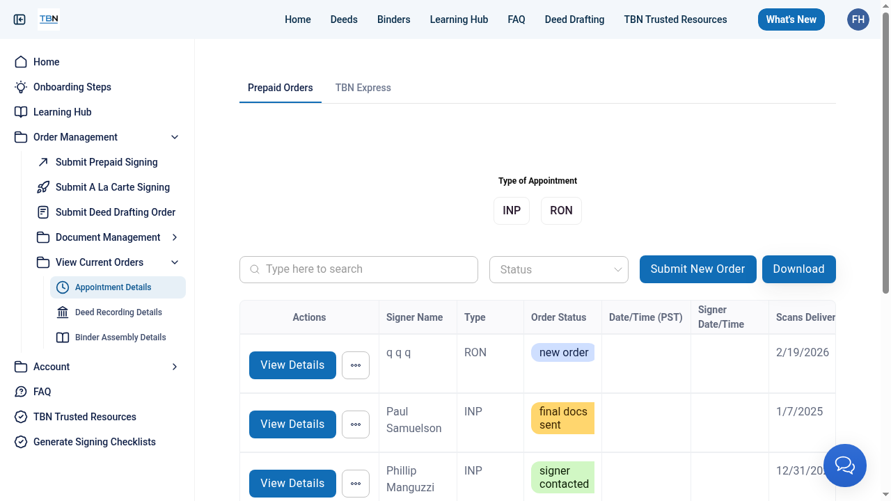 TBN dashboard appointment details — list of prepaid signing orders with statuses